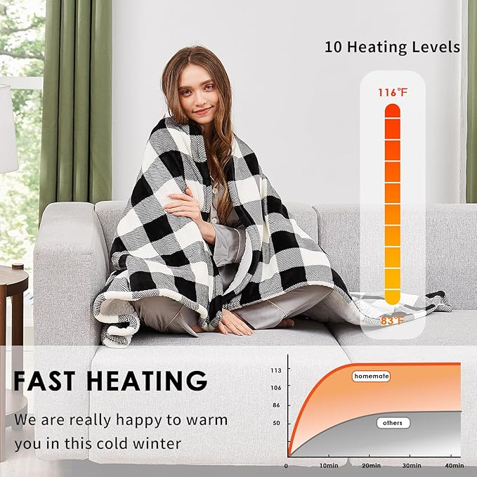 Homemate Electric Blanket Heated Throw - 50“x60“ Ultra Soft Cozy Flannel Heating Blanket with 10 Fast Heat Levels 8 Hours Auto Off Over-Heated Protection ETL Certification Keep Warm in Home Office