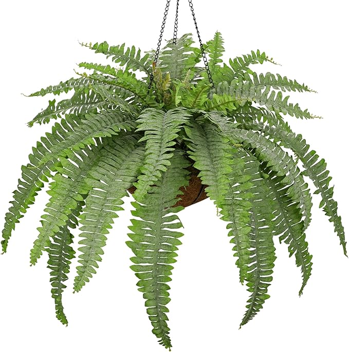 Fake Hanging Plants Large Boston Fern Artificial Plants Outdoor Realistic Fake Ferns with Palm Basket Silk Plants Ferns Hanging Plant Artificial Decor for Home Front Porch Window Garden - Dusty Green