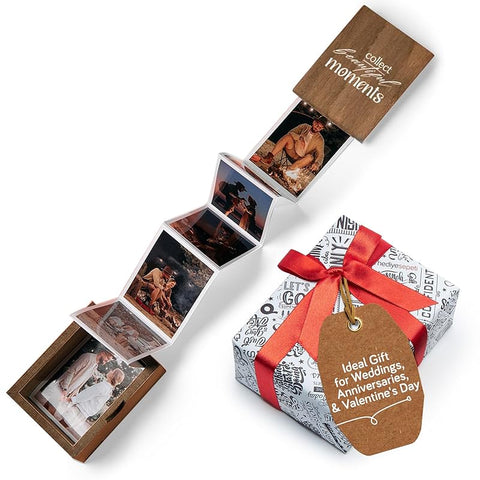 Personalized Wooden Photo Box Gift with Accordion Picture Pull Out | Custom Photo Album Box | Personalized Photo Box Gift for Any Occasion, Picture Box Gift I 14 Photo Prints, 3"x2" (Moments-Vertical)