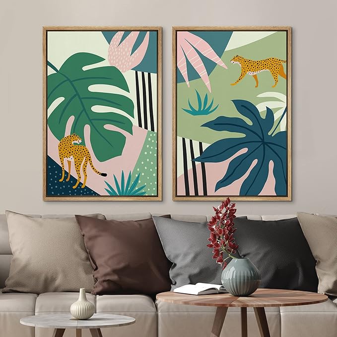 MUDECOR Framed Canvas Print Wall Art Jungle Cheetahs with Tropical Monstera Leaves Abstract Shapes Illustrations Modern Bohemian Nature Colorful for Living Room, Bedroom, Office - 24"x36"x2 Natural