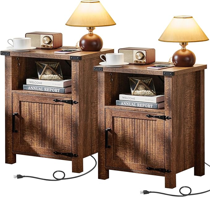 Night Stand Set of 2, 18 Inch Farmhouse Nightstand with with Charging Station and USB Port, Rustic Wood Bedside Table with Magnetic Door, Bed Side Tables for Bedroom, Reclaimed Barnwood