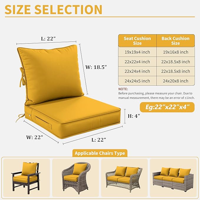 Premium Outdoor Seat Cushion Chair Cushions for Patio Furniture 22 L X 22 W X 4 H Waterproof & Fade Resistant Deep Seat and Backrest Cushion Set with Removable Covers for Chair, Sofa