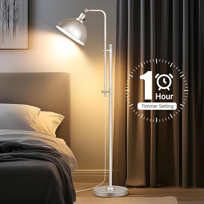PARTPHONER Industrial Floor Lamp Adjustable, Farmhouse Reading Lamp in Silver Finish Modern Standing Lamp with Remote Control Metal Shade for Living Room Bedroom Study Room Office Hotel