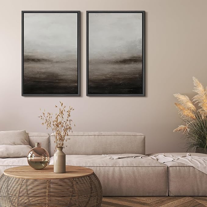 MUDECOR Framed Canvas Print Wall Art Neutral Abstract Modern Minimalist Landscape in Beige and Gray Illustrations Modern Art Decorative Bohemian for Living Room, Bedroom, Office - 24"x36"x2 Black