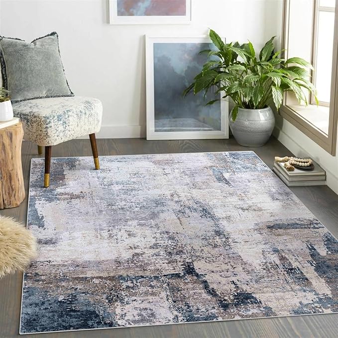 vivorug 5x7 Area Rugs - Ultra-Thin Washable Rug with Non-Slip Backing, Ideal for Living Room, Bedroom, Kitchen Floor Carpet - Modern Abstract, Easy Clean, Durable, Low Pile Gray/Navy