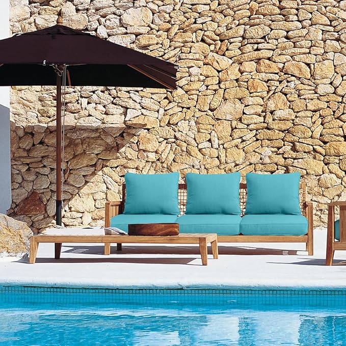 Sundale Outdoor Olefin Deep Seat Cushion Set of 2, Patio Chair Cushion and Pillow, Water-Resistant Sectional Sofa Pad with Straps Teal, 24 x 24 x 4 Inches
