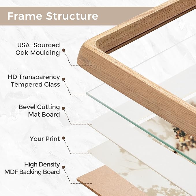 11x14 Picture Frame Set of 2, USA-Sourced Oak Wood Photo Frame with Tempered Glass, Handcrafted Rounded Corner 11 x 14 Wooden Frame Matted to 8x10 Photos, Wall or Tabletop Display