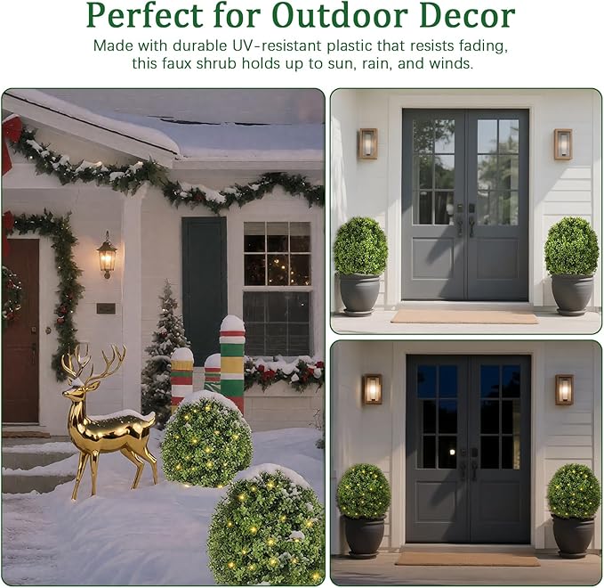 Artificial Boxwood Topiary Trees for Outdoors, 2 Pack Faux Topiary Ball Tree UV Resistant Fake Shrubs Evergreen Bush Plants for Front Porch Garden Yard Balcony Wedding Decor, 2 Led String Light