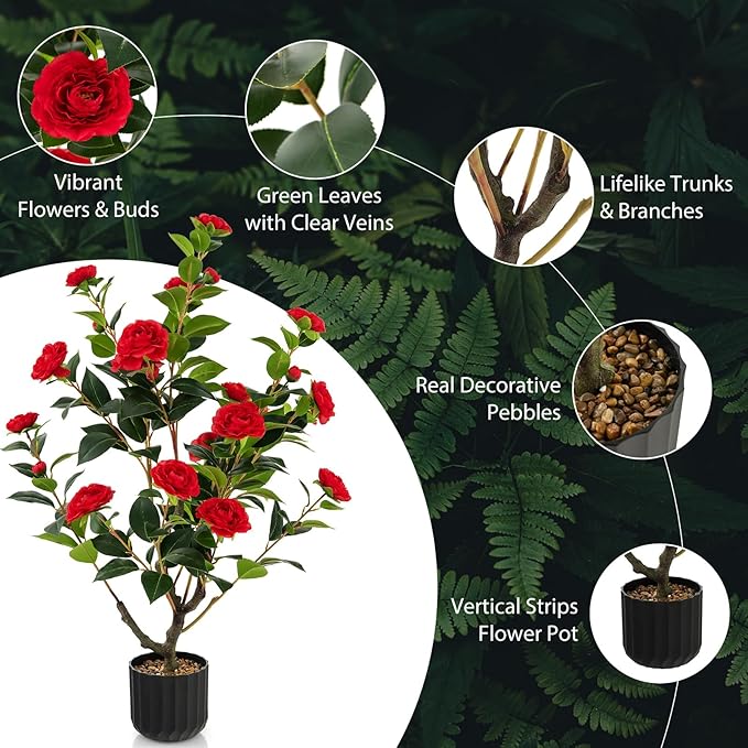 Goplus 38’’ Artificial Camellia Tree, Flower Plants Artificial Tree, Faux Floral Plant Blooming Tree in Cement Pot, Greenery Potted Plant for Indoor Outdoor Office Home Porch Decor