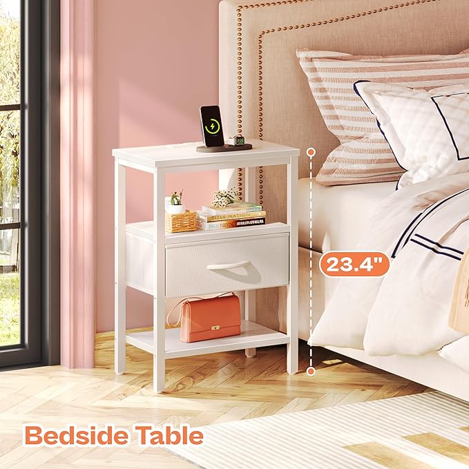 SUPERJARE Nightstand Set of 2, Bed Side Tables with Charging Station, Adjustable Fabric Drawer, Night Stand for Bedroom, 3-Tier Storage End Tables, White, 8694WC
