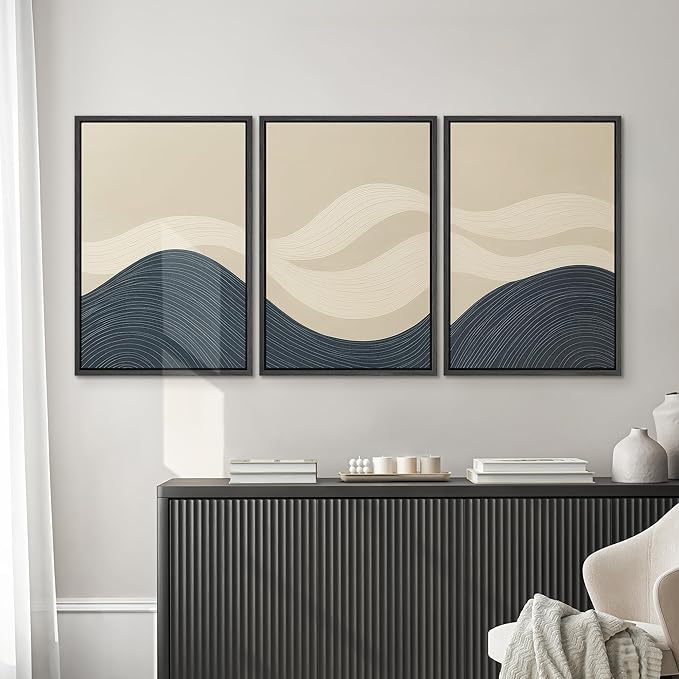 SIGNWIN Framed Wall Art Print Set Minimalist Blue and Beige Wave Modern Abstract Photography Modern Art Minimalist Closeup Dramatic for Living Room, Bedroom, Offic - 16"x24"x3 BLACK