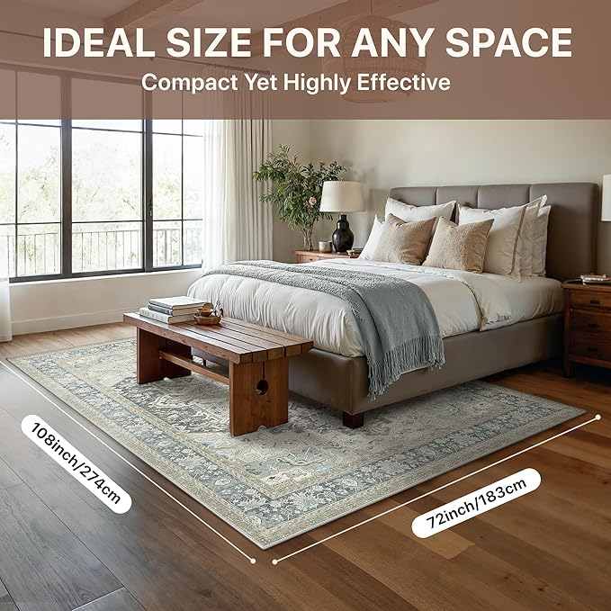 GENIMO 6X9 Area Rugs for Living Room, Machine Washable Vintage Floor Cover Foldable Modern Non Slip Rug, Low Pile Soft Indoor Carpet Floral Print Mat Rug,Bedroom/Dining Room/Home Office,Light Blue