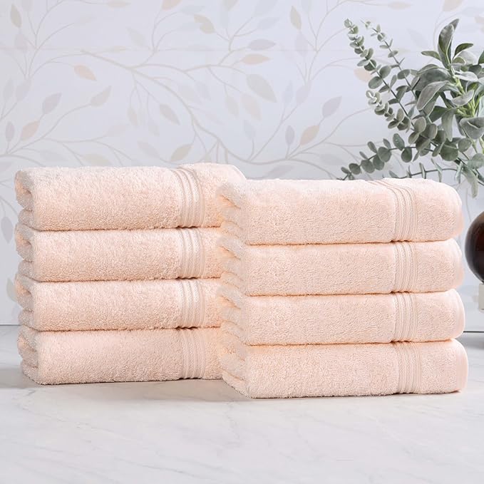 Superior Egyptian Cotton 8-Piece Hand Towel Set, Towel Basics For Quick Dry, Absorbent Small Towels, Facial, Spa, Kitchen, Bathroom Essentials, Apartment, Guest Bath, Soft, Washcloth, Peach