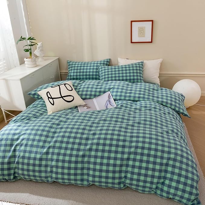 VM VOUGEMARKET Green Plaid Bedding Set Queen 3 Pieces Denim Blue Checkered Duvet Cover with Zipper Ties 2 Pillowcases 100% Washed Cotton Luxury Soft Breathable Durable