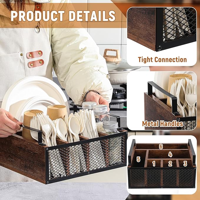 Wooden Paper Plate Dispenser Utensil Holder Kitchen Counter Cutlery Flatware Organizer for Party Utensil Caddy Paper Plate Holder for Cups Spoons Forks Napkins, Kitchen Accessories