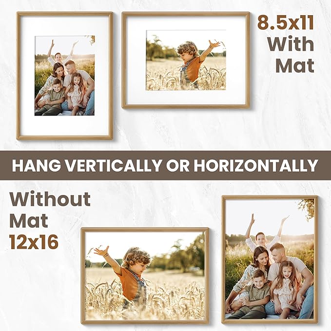 12x16 Picture Frame - Solid Oak Wood Picture Frames with HD Tempered Glass, Handcrafted Rounded Corner 12 x 16 Wooden Frame Matted to 8.5x11 Photos, Horizontal or Vertical Wall Display, 1 Pack