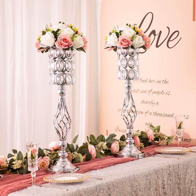 24in Wedding Centerpieces for Tables, 2pcs Silver Metal Diamond Crystal Wedding Flower Stand Centerpiece Vases for Table Decorations Reception Party Home Decor