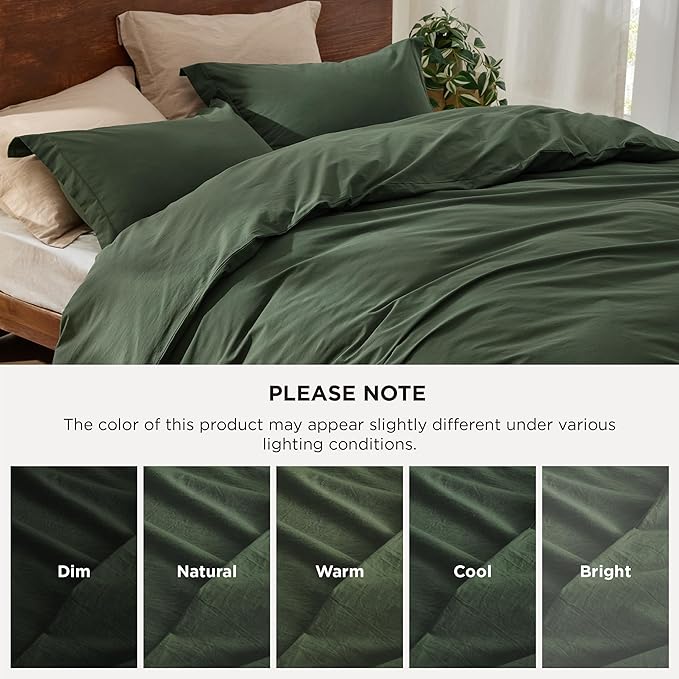Bedsure 100% Washed Cotton Duvet Cover Oversized King - Olive Green Minimalist Duvet Cover Linen Like - GentleSoft™ Plain Simple Bedding, 3 Pieces (Olive Green, Oversized King, 120"x98")