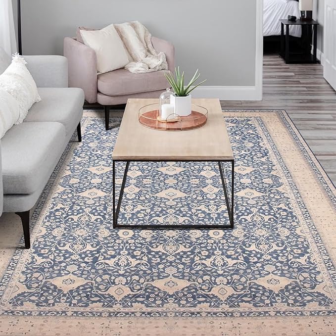 vivorug 5x7 Area Rugs - Ultra-Thin Washable Rug with Non-Slip Backing, Ideal for Living Room, Bedroom, Dining Room Indoor - Vintage Floral, Easy Clean, Durable, Low Pile Rug Blue