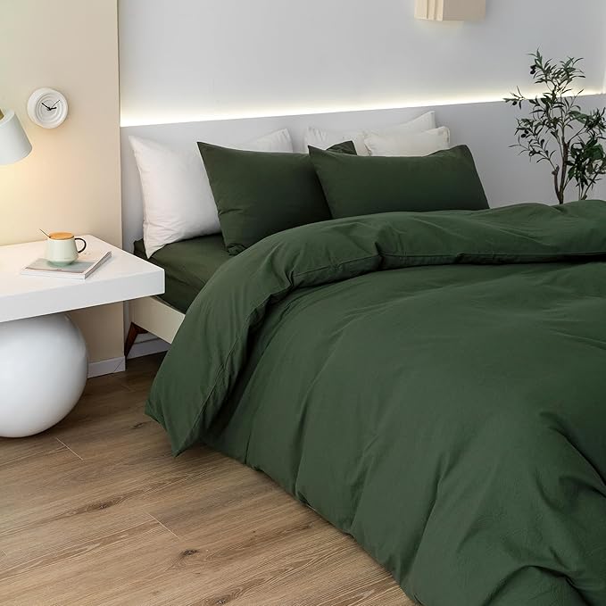 JIYUAN 100% Washed Cotton Duvet Cover Set 3 Pieces Super Queen, 1 Duvet Cover 90x98 Inches(Comforter Not Included) and 2 Pillowcases,Linen Feel Bedding Set Comfy and Breathable,Forest Green
