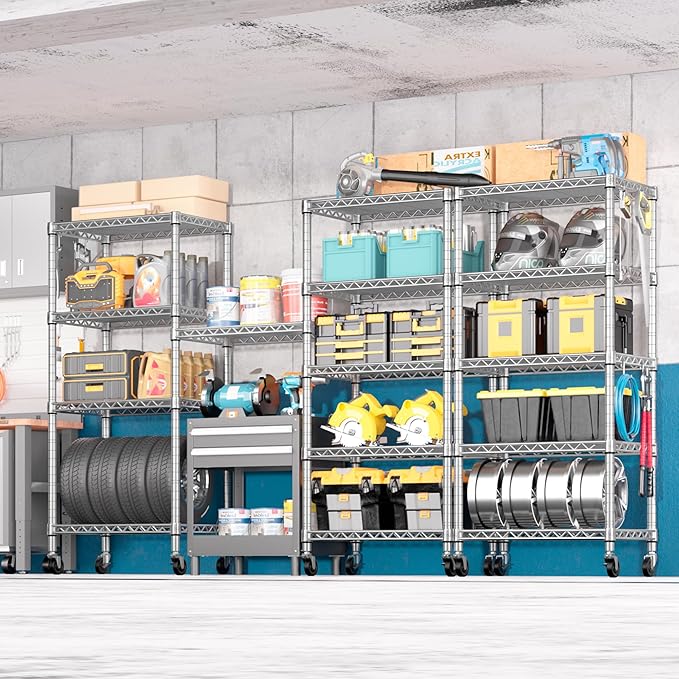 PrimeZone 3 Pack Steel Storage Wire Shelving 5 Tier Metal Shelves with Wheels,Adjustable Kitchen Utility Shelving Unit,Pantry Rack Rolling Metal Shelf Laundry,Chrome 24" Wx18 Dx75 H