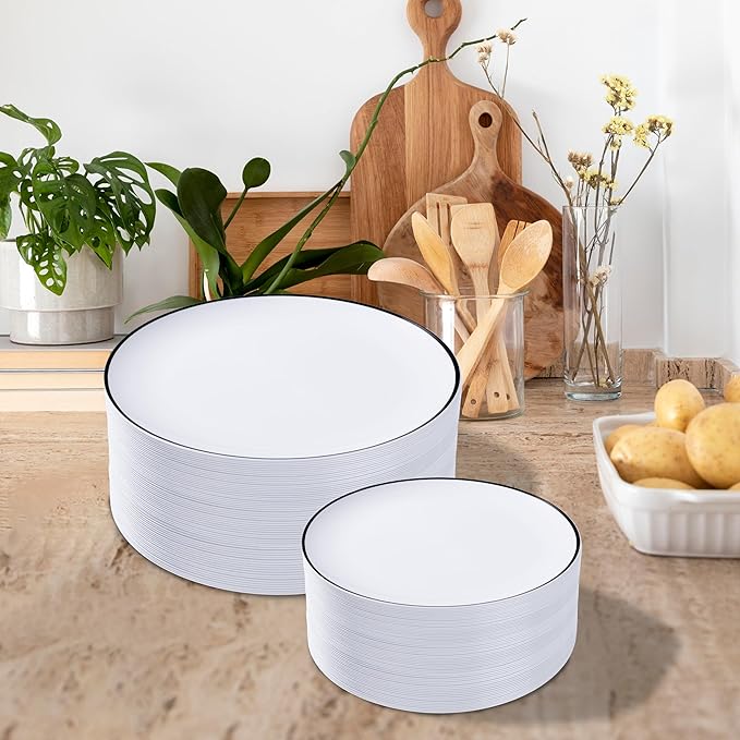 LIYH 120 Pcs White Plastic Plates with Black Rim - Disposable Plates Dishes for Party Wedding Includes 60 Dinner Plate 10.25" 60 Dessert Plate 7.5" for Party Birthdays 60 Guests