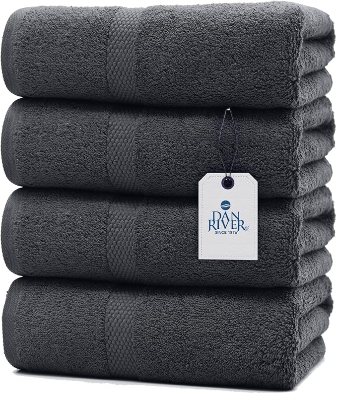 DAN RIVER Bath Towels Set of 4, 27 x 54 Inches, 100% Cotton, Larger & Lighter Weight, Quicker to Dry, Super Soft and Absorbent, Ideal Cotton Bath Towels for Daily Use, Charcoal