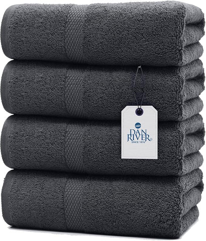 DAN RIVER Bath Towels Set of 4, 27 x 54 Inches, 100% Cotton, Larger & Lighter Weight, Quicker to Dry, Super Soft and Absorbent, Ideal Cotton Bath Towels for Daily Use, Charcoal