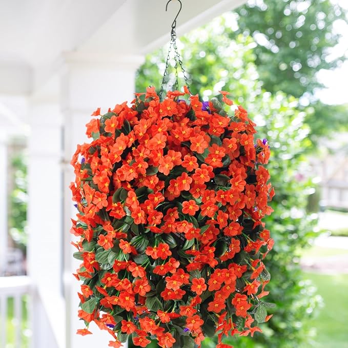 Artificial Fake Fall Hanging Flowers Plants Baskets for Outdoor Outside, Faux Silk Autumn Orange Orchid Trailing Vines in Planter Realistic UV Resistant for Balcony Porch Decor