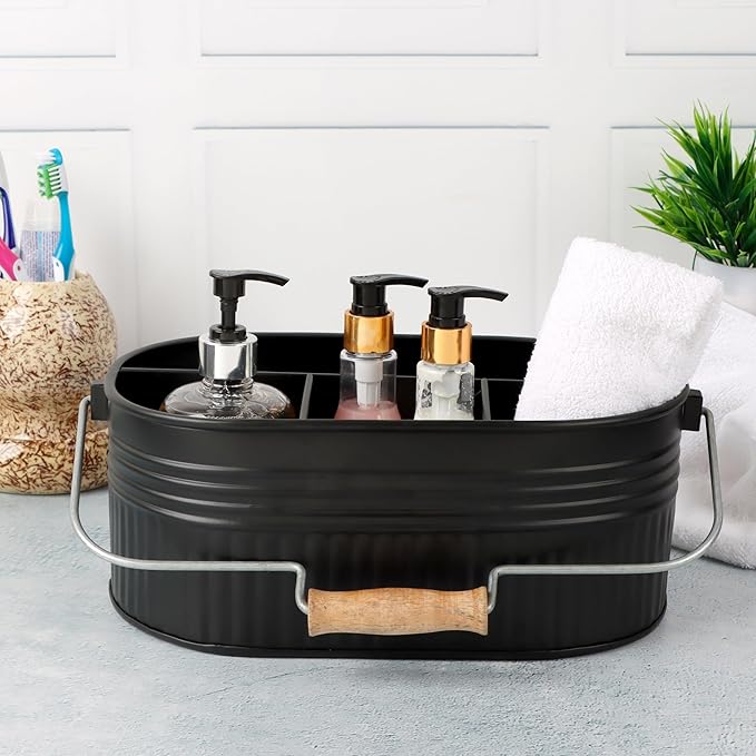 Alpha Living Home Galvanized Utensil Caddy with Handle, 4-Compartment Flatware Organizer for Kitchen Counter, Buffet, BBQ, Picnic, Party – Rustic Farmhouse Style, Matte Black Metal Storage Bin