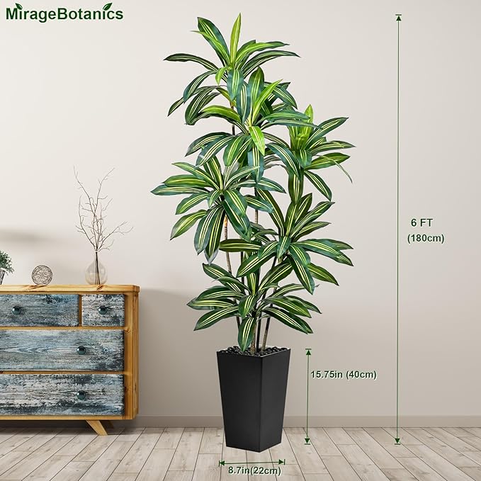 Artificial Dracaena Tree 6FT Tall Fake Plant with White Pot - Realistic Faux Dragon Tree with Tall Planter - Indoor Floor Plant for Home, Office,Mall, Living Room, Bedroom Decor (Black - Planter, 6ft)