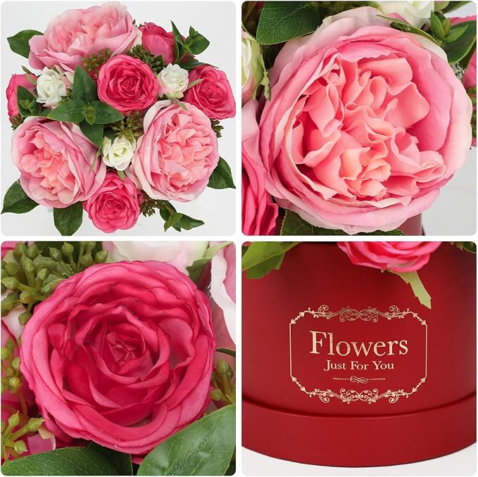 Hollyone Red Pink Artificial Peonies Roses in Vase Round Gift Boxes with Fake Flowers Arrangements Faux Flowers Floral in Box Vase for Her Mothers' Day Valentine's Day Christmas Birthday Gift