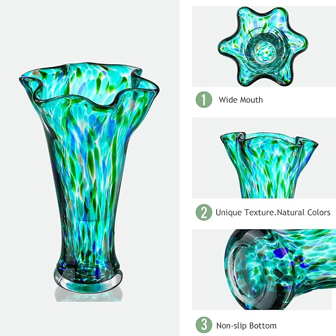 Green Blown Glass Vase for Flowers, 8.5" Wide Mouth Teal Vase for Home Decor, Modern Art Flower Vases Decorative | Table Centerpiece, Wedding, Living Room, Bookshelf, Entryway | Gift for Women Mom