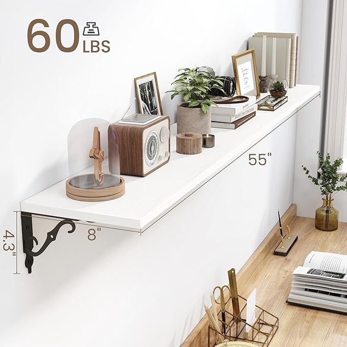 Fun Memories 55 Inch Floating Shelves, Long Floating Shelves Wall-Mounted, 8 Inch Deep Bookshelf with Bracket, 55" W x 8" D Shelves for Wall Display & Storage, White, Set of 2