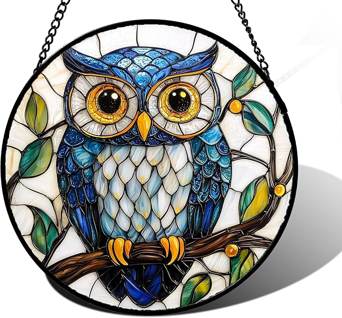 Stained Glass Window Hanging, Owl Gifts for Women Sun Catchers Diamond Glass Panel Hangings Birds Suncatcher Decor for Birthday for Women, Men, Wife, Aunt, and Mom 6.3 in