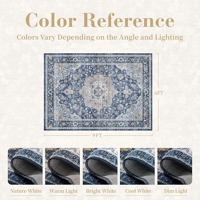 PADOOR-Vintage Area Rug 6X9 Rugs for Living Room-Soft Blue Rugs for Bedroom-Machine Washable Rugs Non Slip Carpet-Rug for Dining Room Living Room Bedside Office