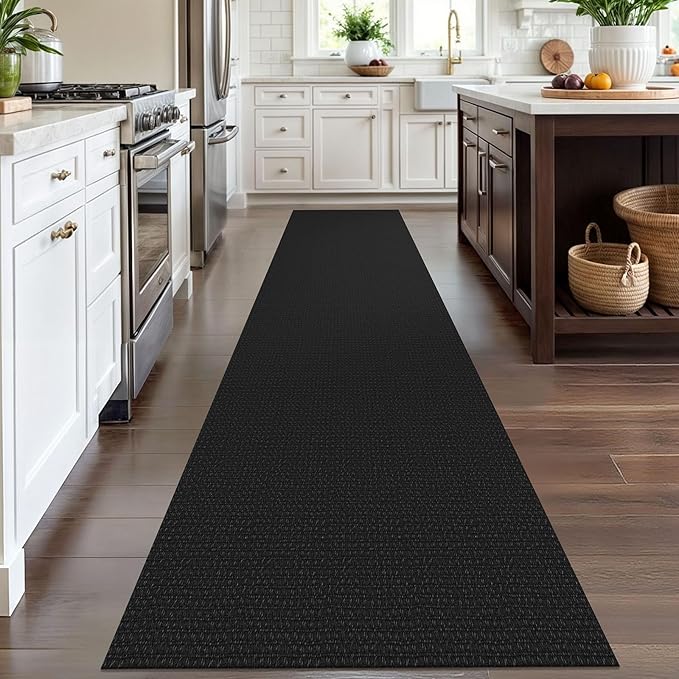 IOHOUZE Washable Runner Rug 2.6x12 Non Slip Rubber Backed Extra Long Hallway Runner Entryway Runner Indoor, Kitchen Rugs Woven Cotton Floor Carpet for Hall Entrance Stair, Black/Grey
