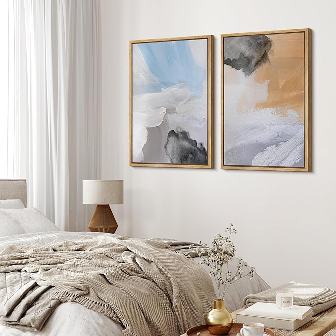 MUDECOR Framed Canvas Print Wall Art Abstract Blue Skies and Earth Tones Illustrations Modern Art Decorative Bohemian Colorful Chic for Living Room, Bedroom, Office - 16"x24"x2 NATURAL
