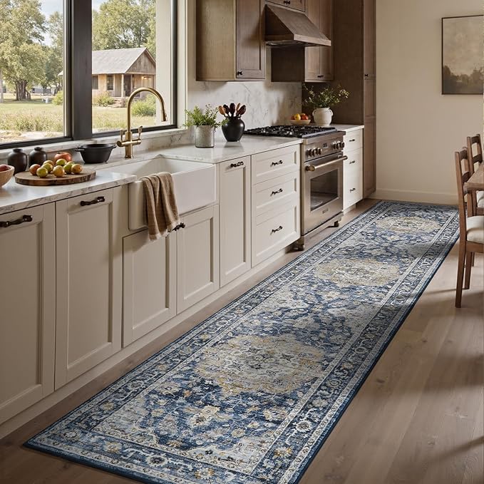 PADOOR-Vintage Runner Rug 2X10 Runners for Hallways-Soft Blue Washable Bedside Rugs for Bedroom-Non Slip Long Rug for Hallways Entryway Laundry Room Stair Kitchen Bathroom