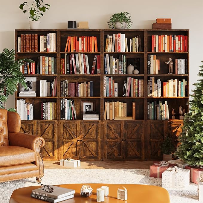 Tall Bookshelf Set of 2, 6 Tier Floor Standing Bookcase with Two Hinged Doors, Storage Organizer Display Shelves, Modern Corner Bookshelf Storage Cabinet for Living Room, Office, Brown