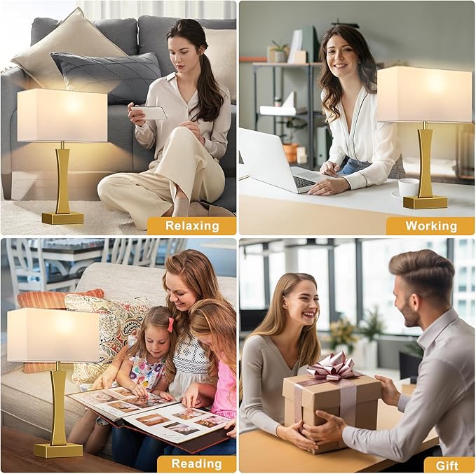 Bedside Lamps for Night Stands - 3 Way Dimmable Table Lamp for Bedroom with USB C+A Ports,Modern Bedside Lamps Set of 2, Touch Lamps for Nightstands(Gold)