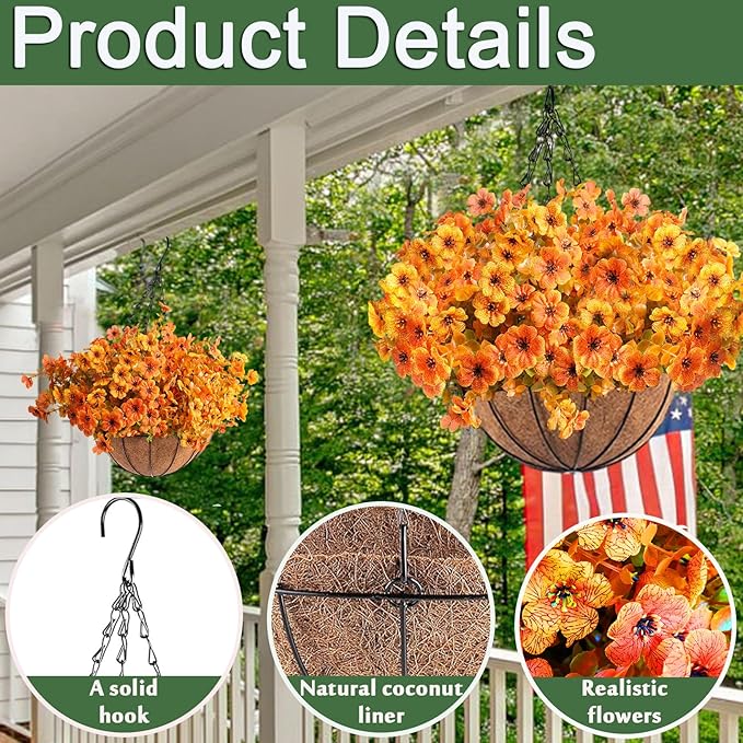 Orgrimmar 2 Pack Artificial Hanging Flowers Basket Outdoor Fake Hanging Plants UV Resistant Realistic Silk Flowers Eucalyptus in Coconut Lining Baskets for Home Porch Balcony Patio Yard Orange