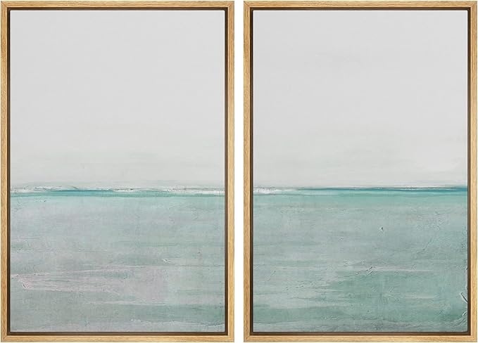 MUDECOR Framed Canvas Print Wall Art Set Teal Watercolor Paint Strokes Abstract Shapes Illustrations Modern Art Decorative Bohemian Calm/Zen for Living Room, Bedroom, Office - 24"x36"x2 Natural