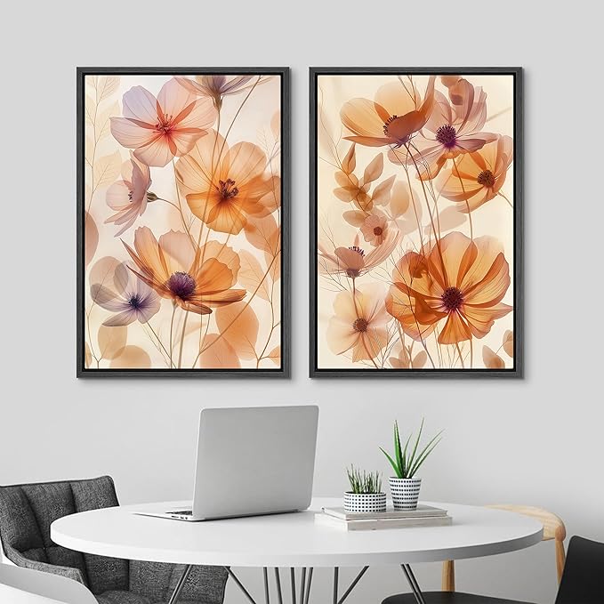 MUDECOR Framed Canvas Print Wall Art Orange Purple Wildflower Botanical Illustrations Modern Art Decorative Bohemian Colorful Chic for Living Room, Bedroom, Office - 16"x24"x2 BLACK