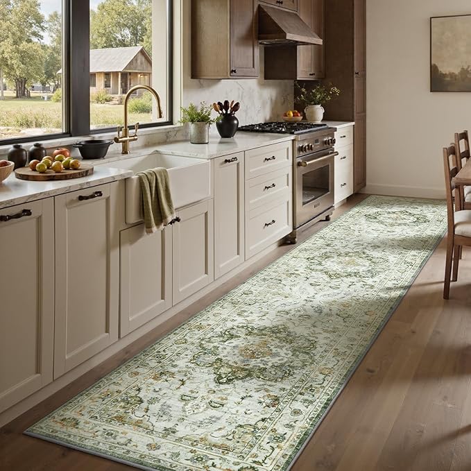 PADOOR-Vintage Runner Rug 2X10 Runners for Hallways-Soft Green Washable Bedside Rugs for Bedroom-Non Slip Long Rug for Hallways Entryway Laundry Room Stair Kitchen Bathroom