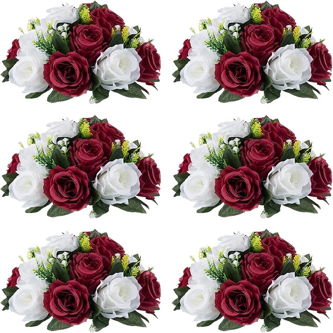 NUPTIO Flower Wedding Centrepieces for Tables - 6 Pcs 9.5in Diameter Burgundy & White Artificial Flowers Rose Ball for Centerpieces Table - Fake Rose Arrangements for Weddings Birthday Party Decor