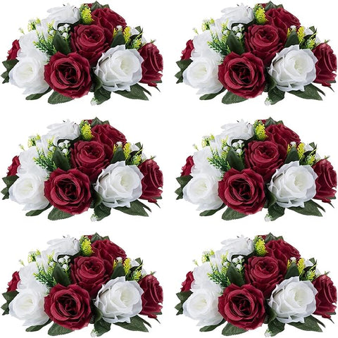 NUPTIO Flower Wedding Centrepieces for Tables - 6 Pcs 9.5in Diameter Burgundy & White Artificial Flowers Rose Ball for Centerpieces Table - Fake Rose Arrangements for Weddings Birthday Party Decor