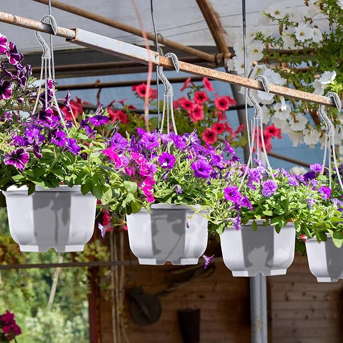 Roshtia 50 Pcs Plastic Hanging Plant Pots with Hooks Flower Pots Baskets Outdoor Hanging Nursery Planter Holder for Home Garden Balcony Porch(Gray White,5.9 inch)