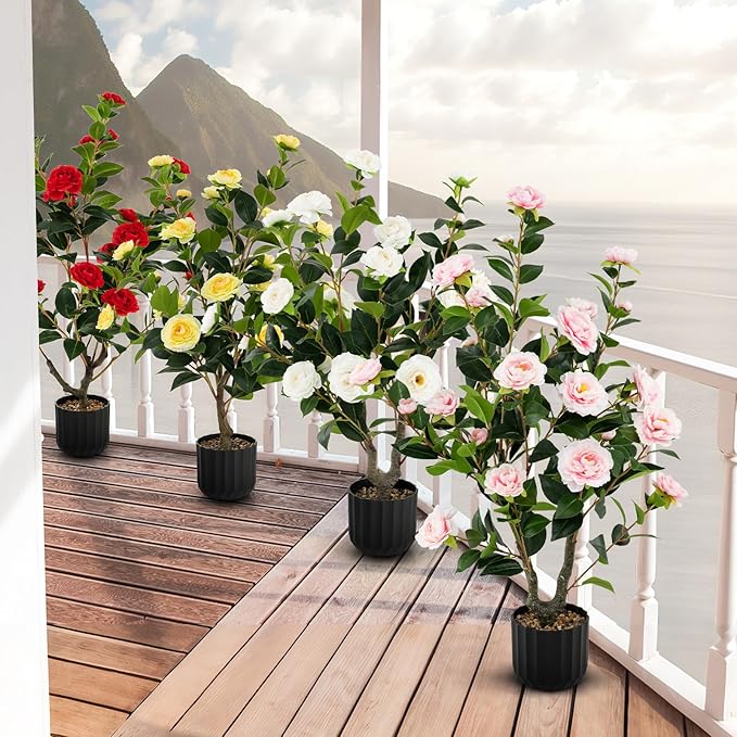 Goplus 38’’ Artificial Camellia Tree, 2 Pack Flower Plants Artificial Tree, Faux Floral Plant Blooming Tree in Cement Pot, Greenery Potted Plant for Indoor Outdoor Office Home Porch Decor