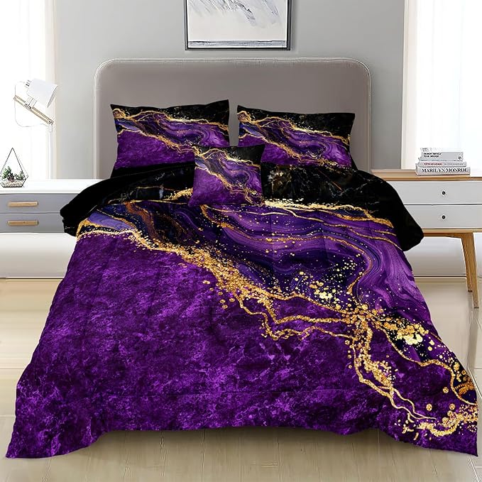 Black Gold Comforter Set Purple Marble Bedding Set Queen Size Black Marble Stone Abstract Artwork Bedroom Decor Black Marble Comforter Sets for All Season